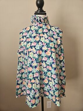 crown & ivy Navy Floral Ruffle-High Neck Blouse